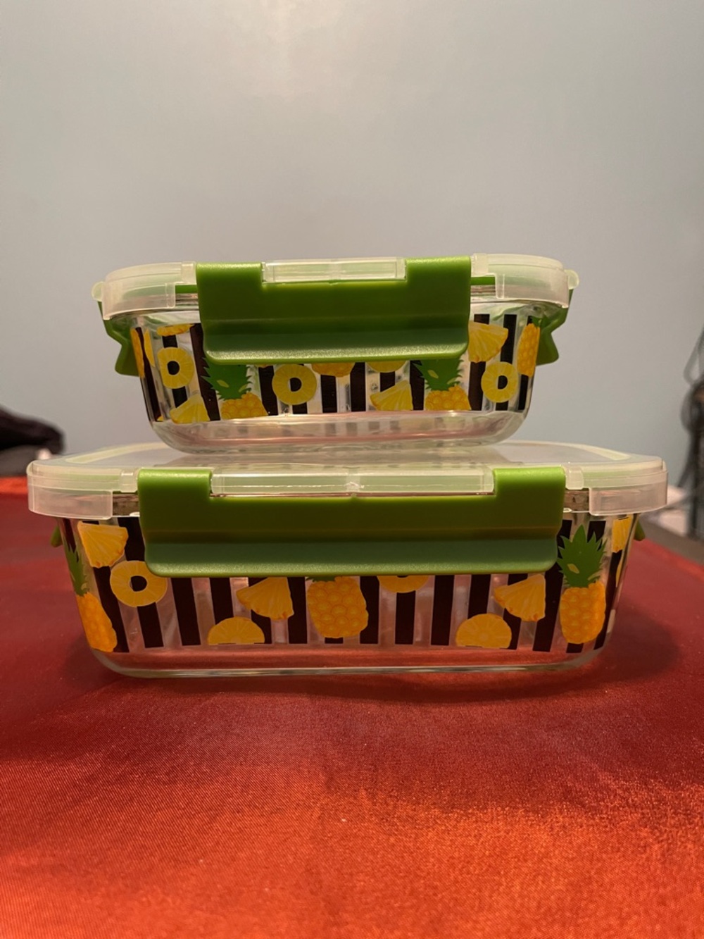 Pineapple Print Glass Food Storage Container with Green Lid (Set of 2)